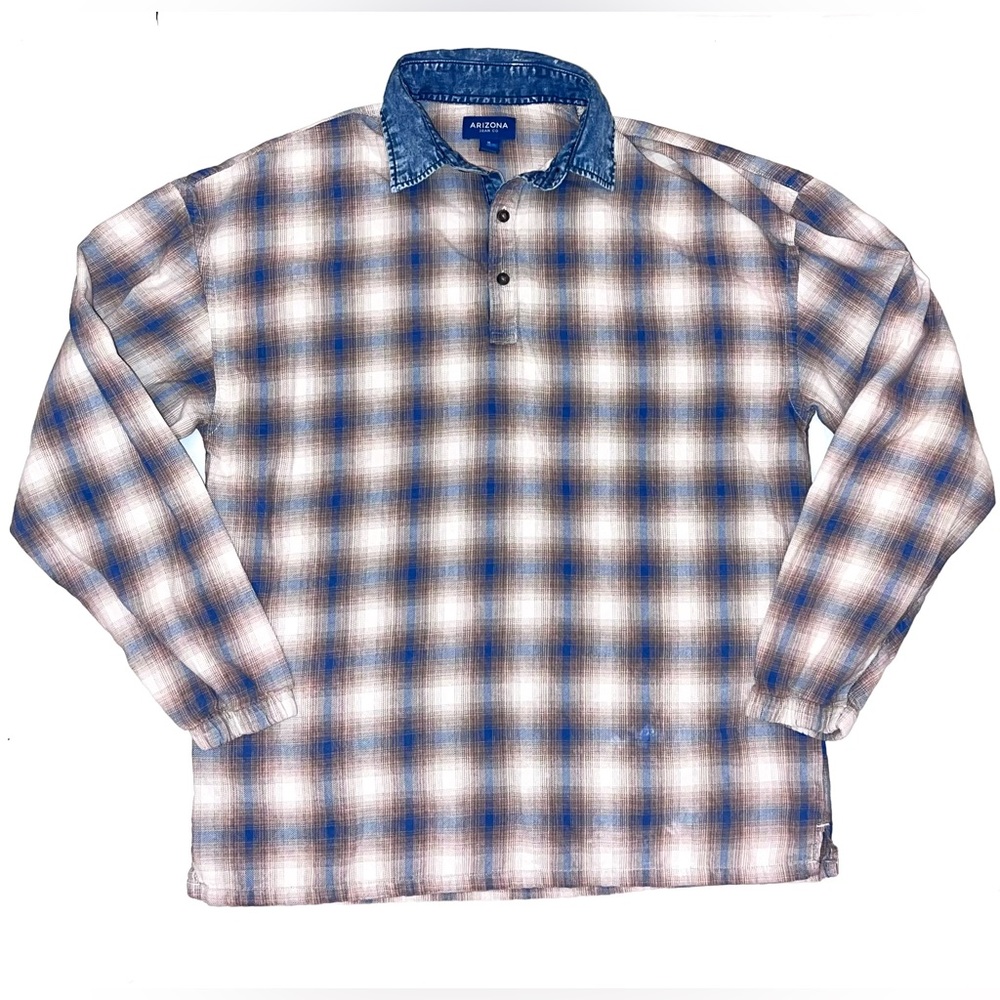 Arizona Men’s 90s Style Faded Plaid Denim Trim Polo Shirt Sz M